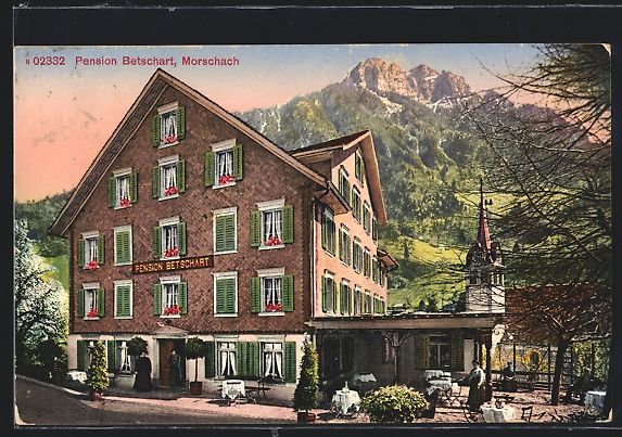 Cartoline postali: Morschach, Pension Betschart und Kirche – Usato da Berlin venduto da bartko-reher
