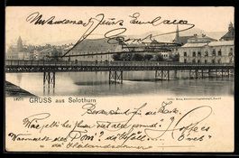 AK Solothurn, Fluss mit Brücke und Häuserzeile der Altstadt