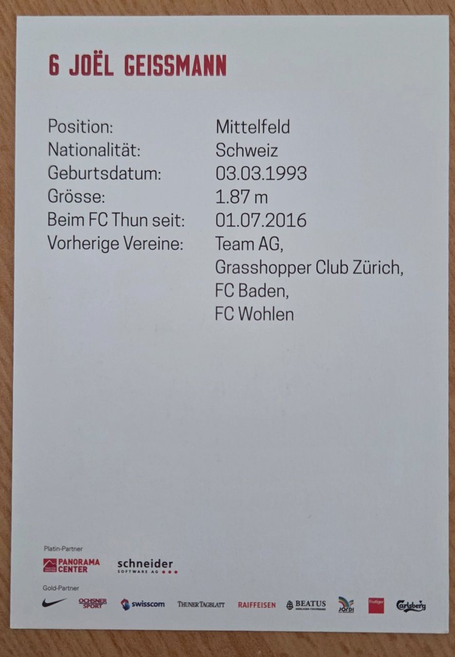 Autografi: FC Thun Autogrammkarte Joel Geissmann. Original unterschrieb – Usato da Möriken AG venduto da Mavo 1