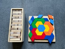 Legemosaik aus Holz, 43 Teile und Holzturm