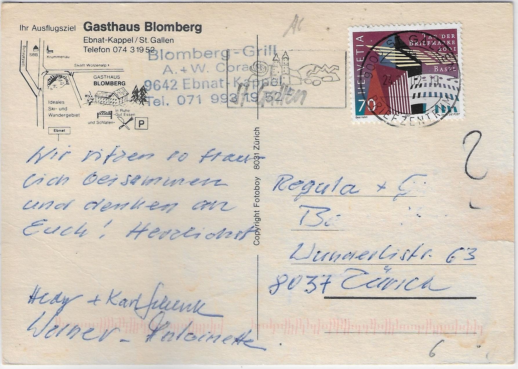 Cartoline postali: Gasthaus Blomberg - Ebnat-Kappel SG – Usato da Ettingen venduto da Kartenplanet 1