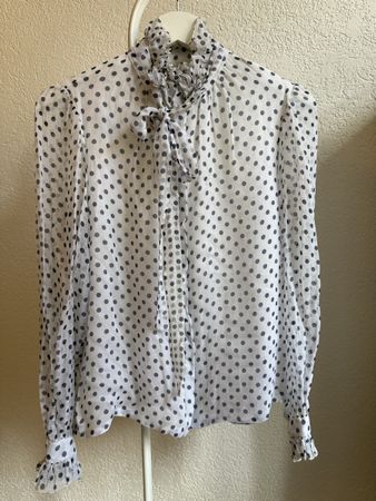 Chemisier vintage blanc/bleu marine pois Marty, t.36/38 