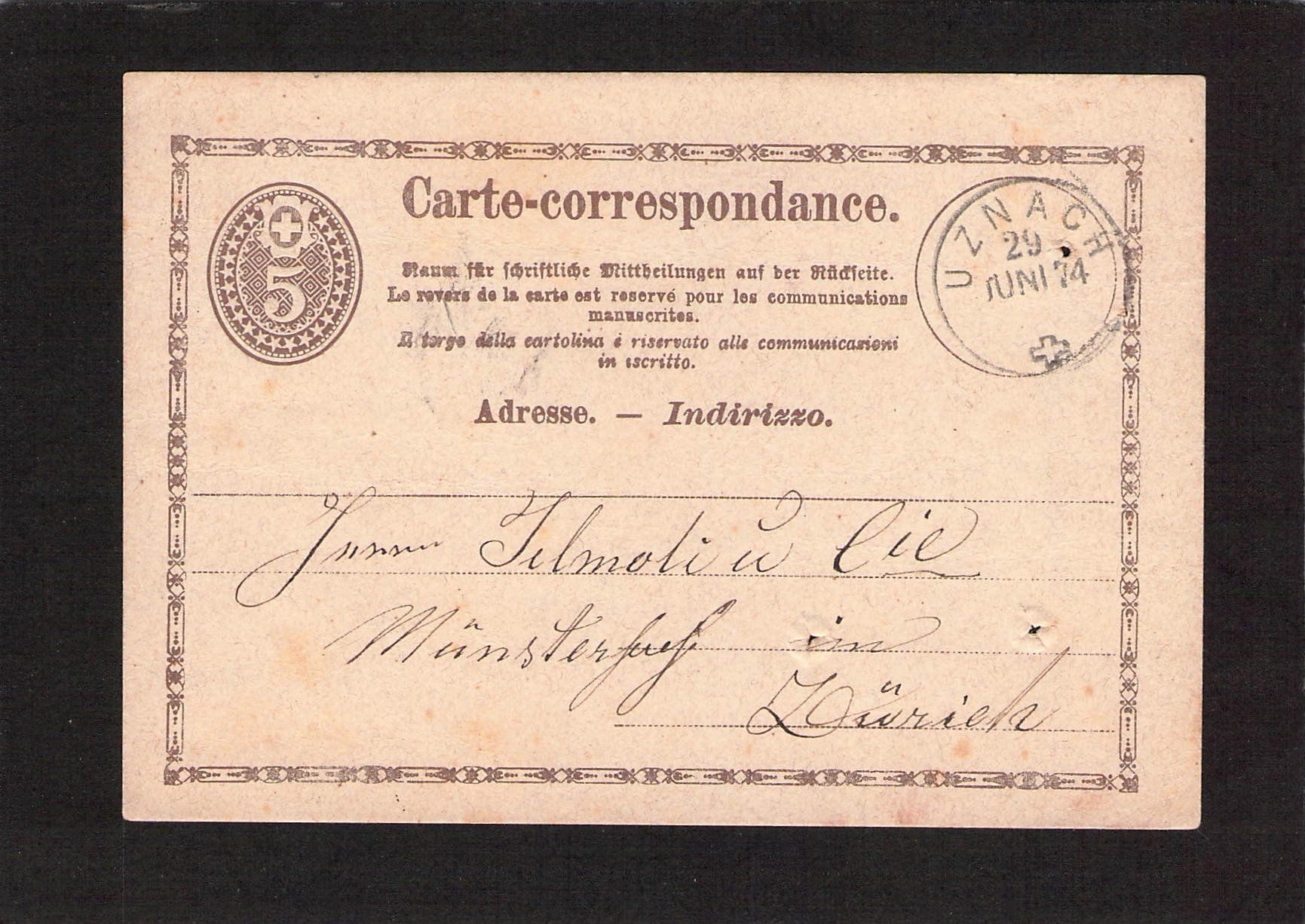 Tutti i francobolli: Uznach SG , Carte-correspondance 29.Juni 1874 – Usato da Reichenburg venduto da Pipo-67