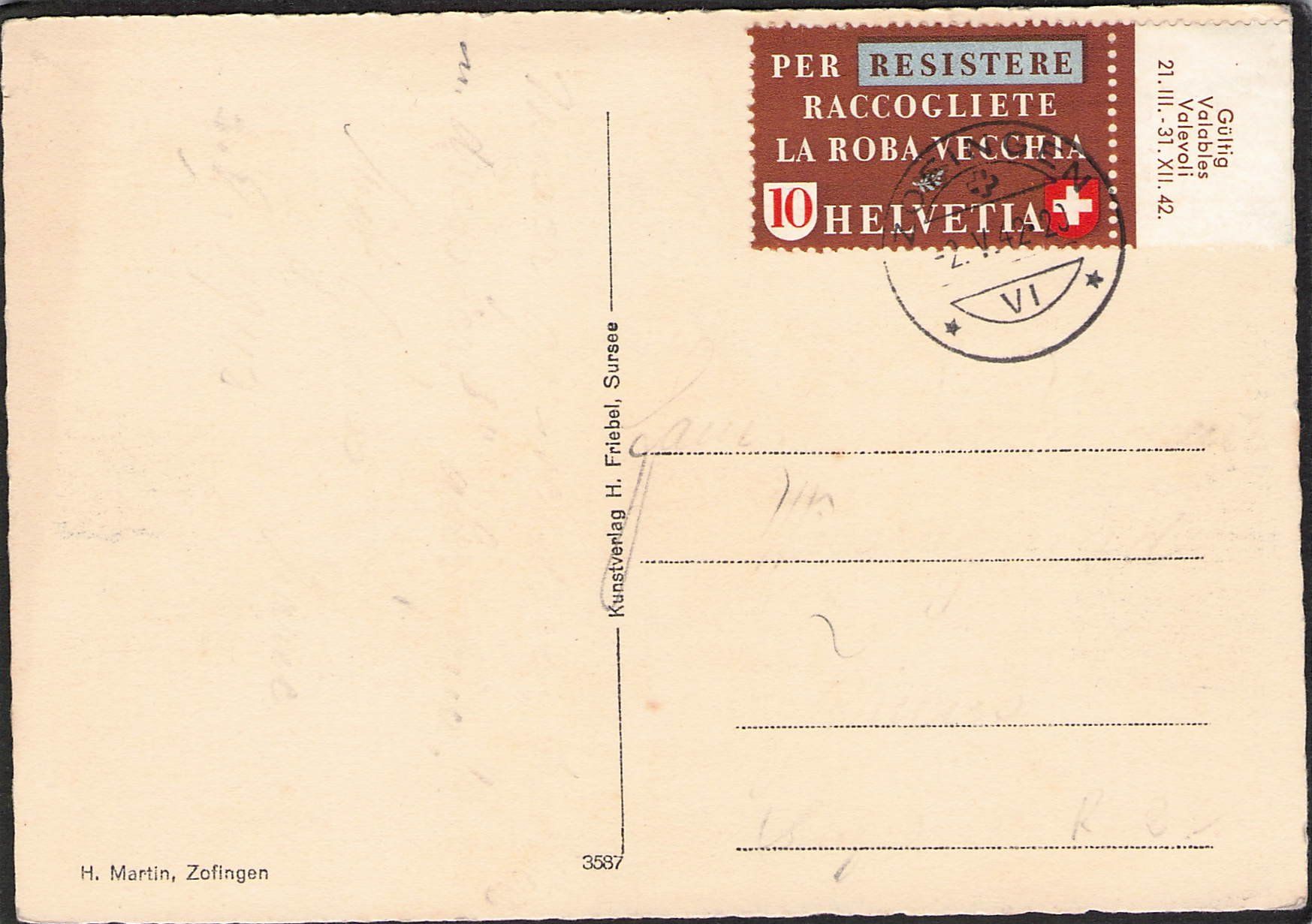 Cartoline postali: Zofingen AG ,  gel. 1942 – Usato da Reichenburg venduto da ibiza18 1