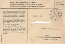 Certificat service accompli en campagne Neuchâtel gare 1940