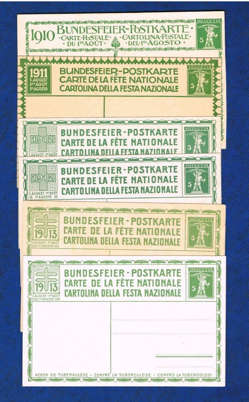 Tutti i francobolli: 6 Bundesfeier Karten 1910 - 1913 – Usato da Biberstein venduto da Jura39 2