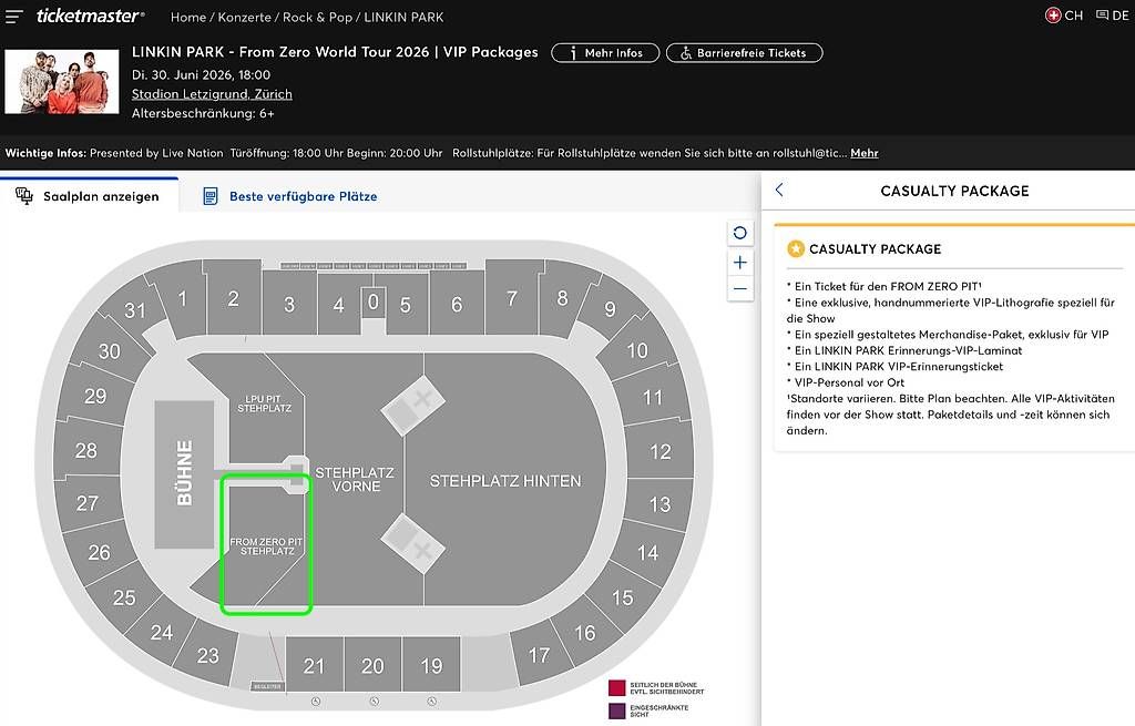 Biglietti: Linkin Park VIP Package 30.Juni 2026 Letzigrund – Nuovo e nell'imballaggio originale da Liebefeld venduto da namori01
