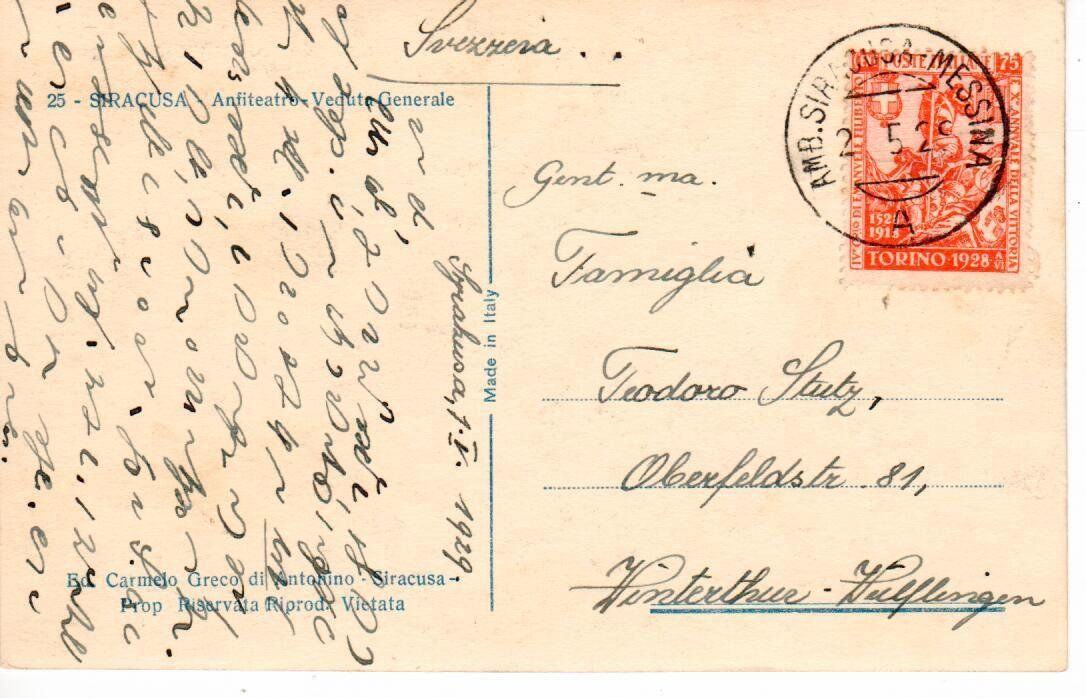 Cartes postales: Siracusa - Bahnpost 1929 – D'occasion à Wolhusen par Curver9 1