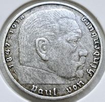 2 Reichsmark 1938 A – Hindenburg – Silber 625, schöne Patina