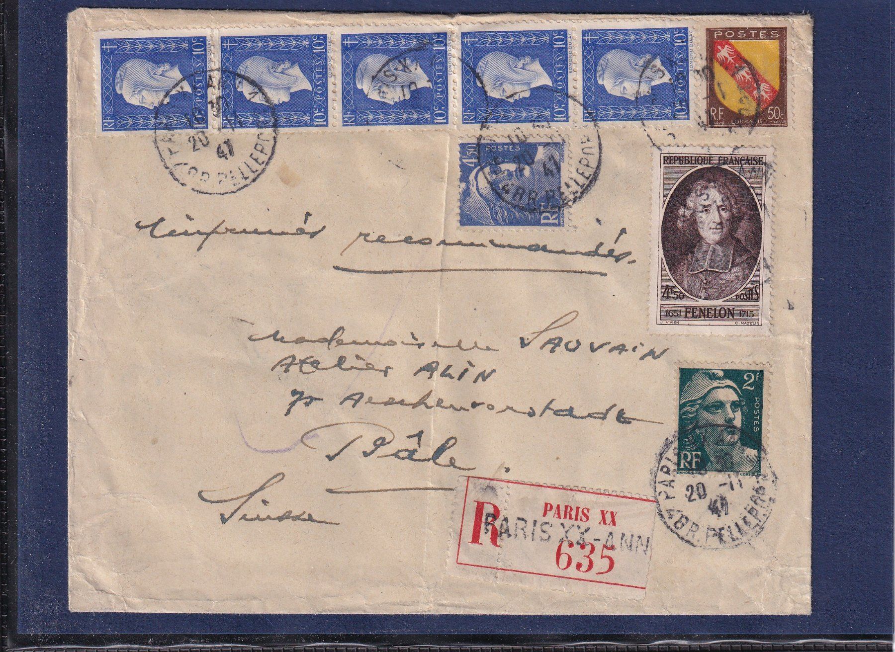 Tous les timbres: Recommandé Paris XX - 1947 - Bâle – D'occasion à Orvin par Pyaeschli