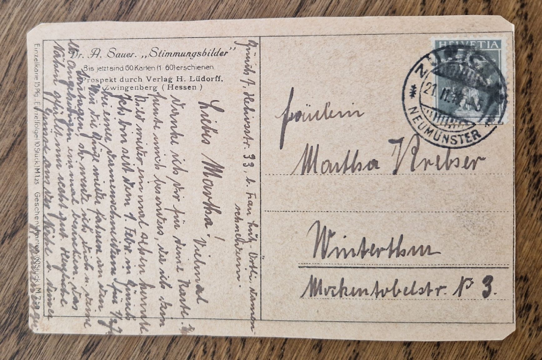 Ansichtskarten: Waldfrieden, Dr. A. Sauer 1919 n. Winterthur – Gebraucht aus Ebikon von Donar50 1