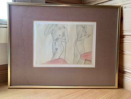 Gerahmte Kunst Zeichnung Akt Aktbild Frau Frauenakt