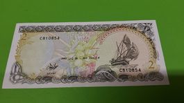 Original 2 Rufiyaa Banknote Malediven, 1990, Top