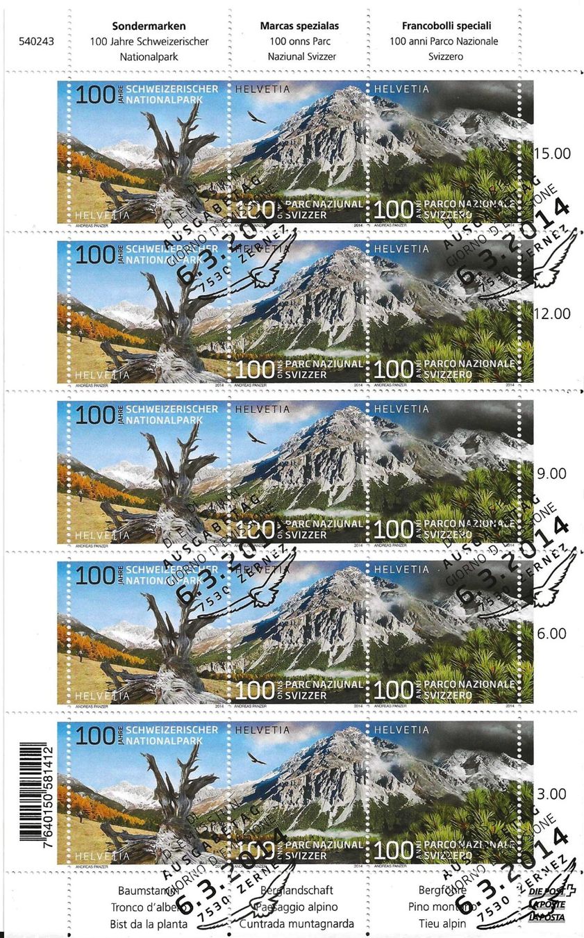 Tutti i francobolli: Kleinbogen (Nationalpark 2014 Ersttag – Usato da Zürich venduto da Philacat11