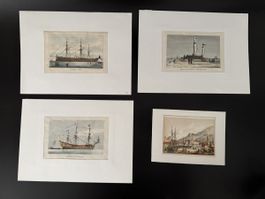 4 antike Drucke von Schiffen aus dem 19. Jahrhundert