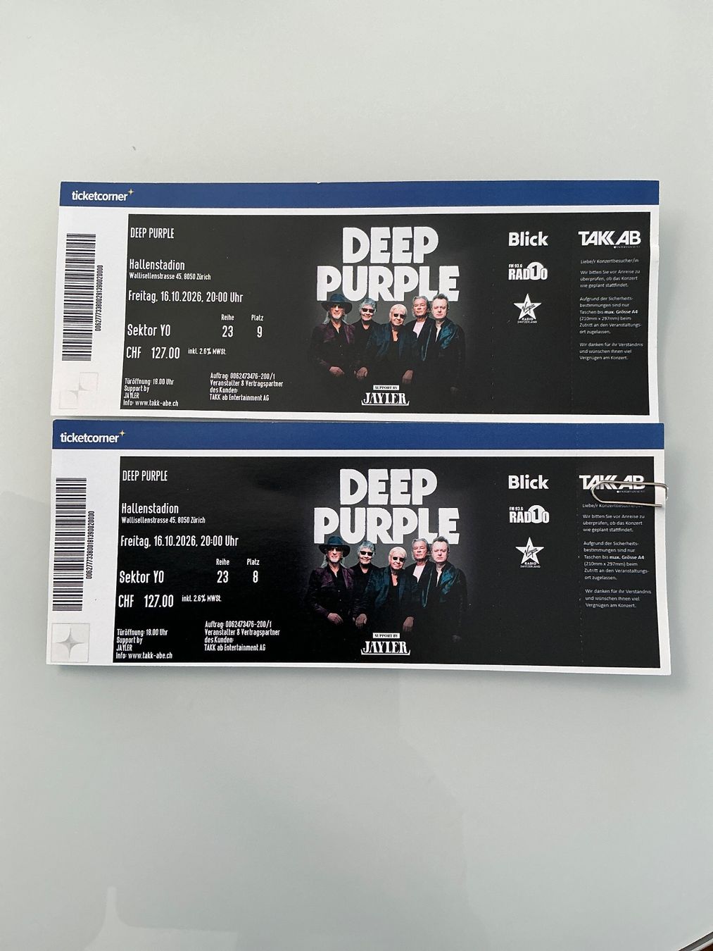 Billets: 2 Deep Purple Tickets  Golden Circle – Neuf (Voir description) à Sarmenstorf par MSC2002