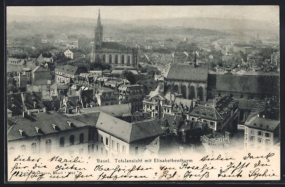 Cartoline postali: Basel, Totalansicht mit Elisabethenturm  – Usato da Berlin venduto da bartko-reher
