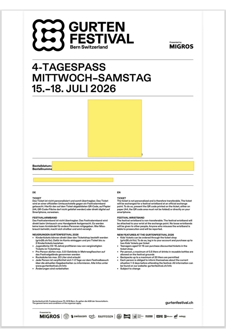 Biglietti: 4-Tagespass Gurtenfestival 2026 – Nuovo e nell'imballaggio originale da Bern venduto da fio_2mnr