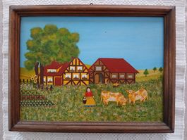 Bauernmalerei mit Kühen und Fachwerkhaus