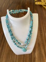 Collier perles turquoise bleu pendentif.goutte 67 cm 