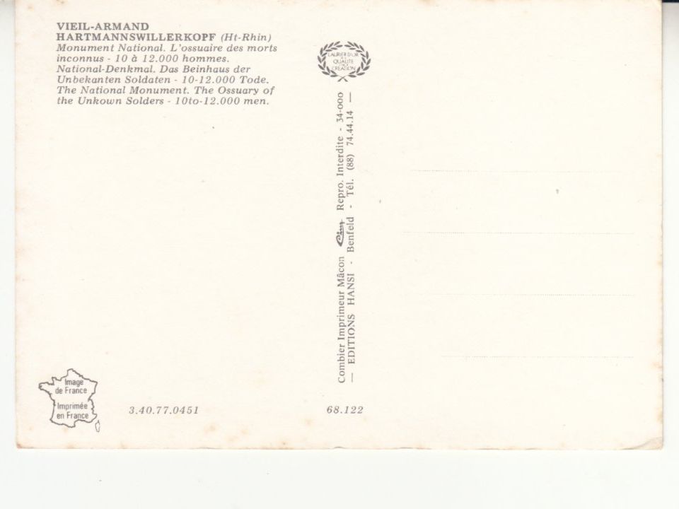 Cartoline postali: Hartmannswillerkopf ca.1970 – Usato da Bürglen TG venduto da StampGraf 1