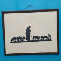 Scherenschnitt Bild mit Schäfer,Schafen im Rahmen- Antik