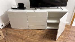 Modernes weisses Sideboard mit Glasplatte – 180 × 42 × 66 cm