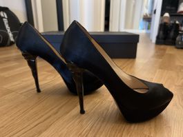 Black satin platform pumps, high heels 38