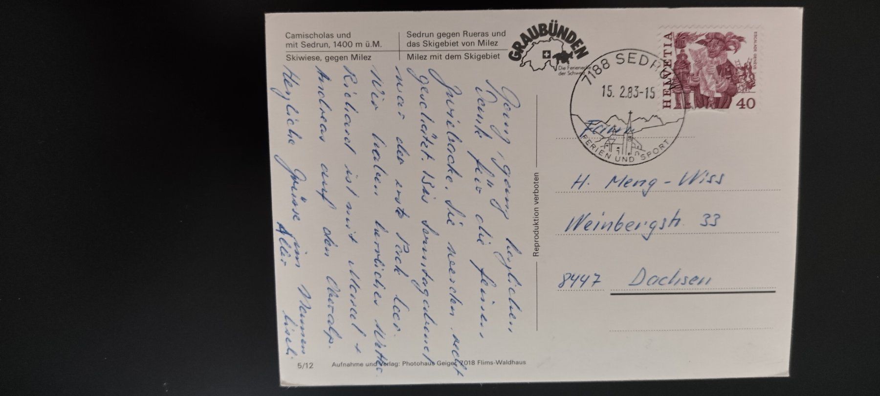 Cartoline postali: Vintage Sedrun-AK, Bahn, Graubünden, Winter dat.1983 – Usato da Ohmstal venduto da Lebensfreude05 1