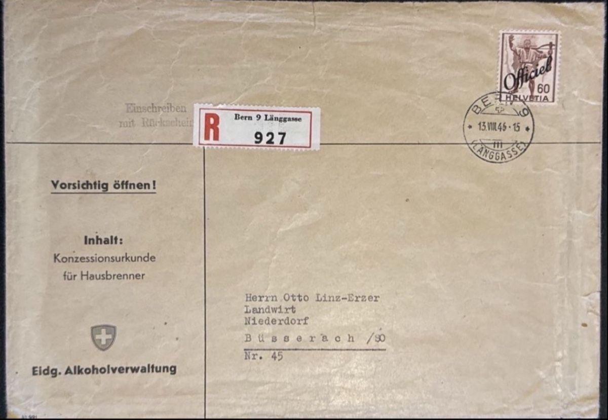 Tous les timbres: Konzessionsurkunde Eidg. Alkoholverwaltung Hausbrenner – D'occasion à birsfelden par tim0444