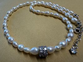 SÜSSWASSER Collier Halskette Perlenkette 42 cm Platin NEU