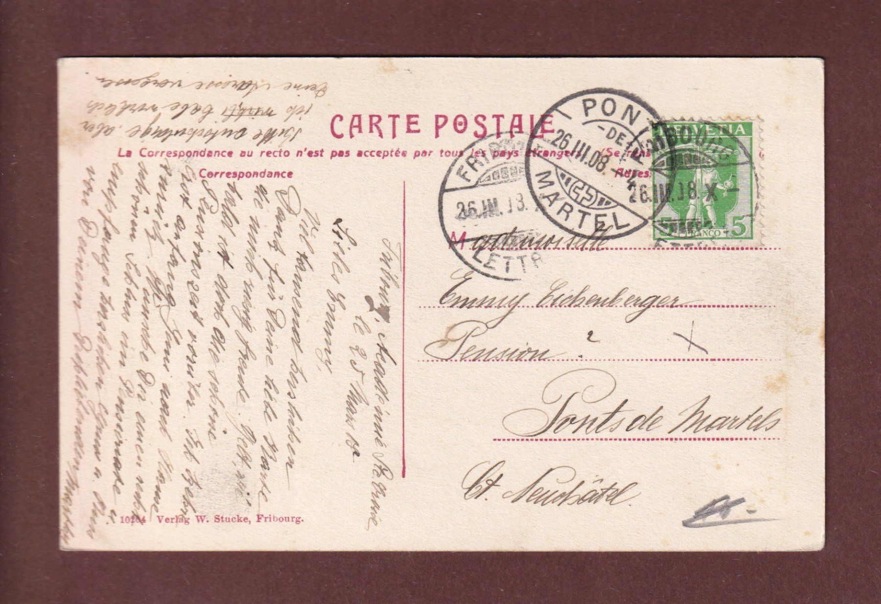 Cartoline postali: FRIBOURG - Route du Lac Noir - Spitzfluh - 1908 – Usato da Pully venduto da nicecards-shop 1