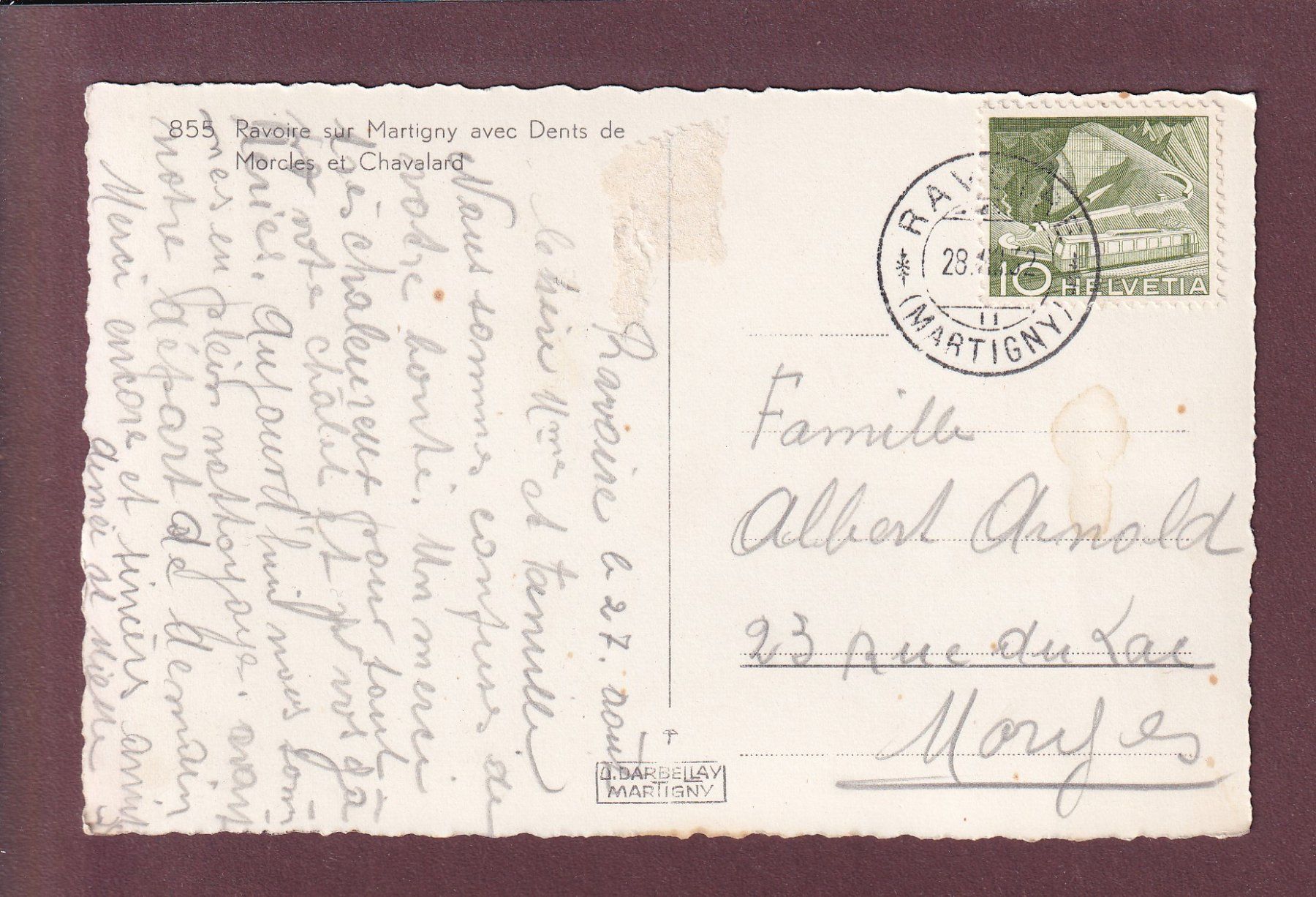 Cartoline postali: RAVOIRE sur Martigny - 1952 – Usato da Pully venduto da nicecards 1