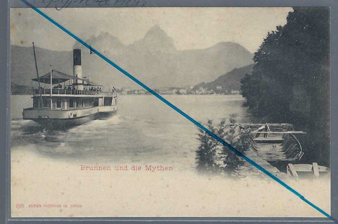 Ansichtskarten: Brunnen. Mythen. Dampfschiff 'Italia' oder 'Germania'. – Gebraucht aus Horw von SwissSteamMemories