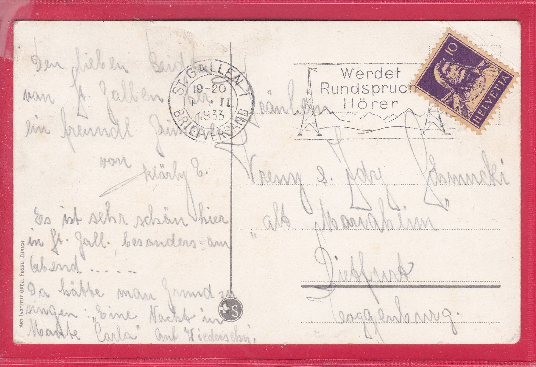 Ansichtskarten: ST.GALLEN, PENSION MARIENHEIM, 1.2.1933 – Gebraucht aus Oberrieden von Gebirgsstelze 1