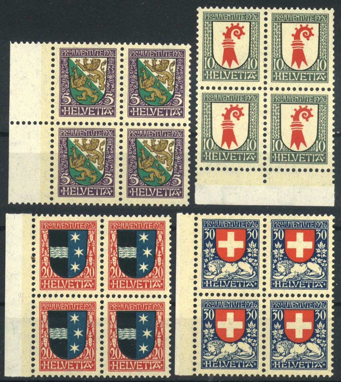 Alle Briefmarken: 1926, Pro Juventute, Viererblöcke ** – Gebraucht aus Willisau von Vollstempel