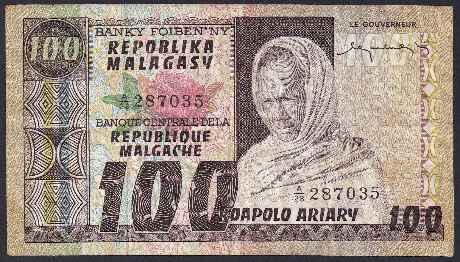 Banknoten: Madagaskar 100 Ariary 1974 – Gebraucht aus Brugg AG von banknoten_muesli