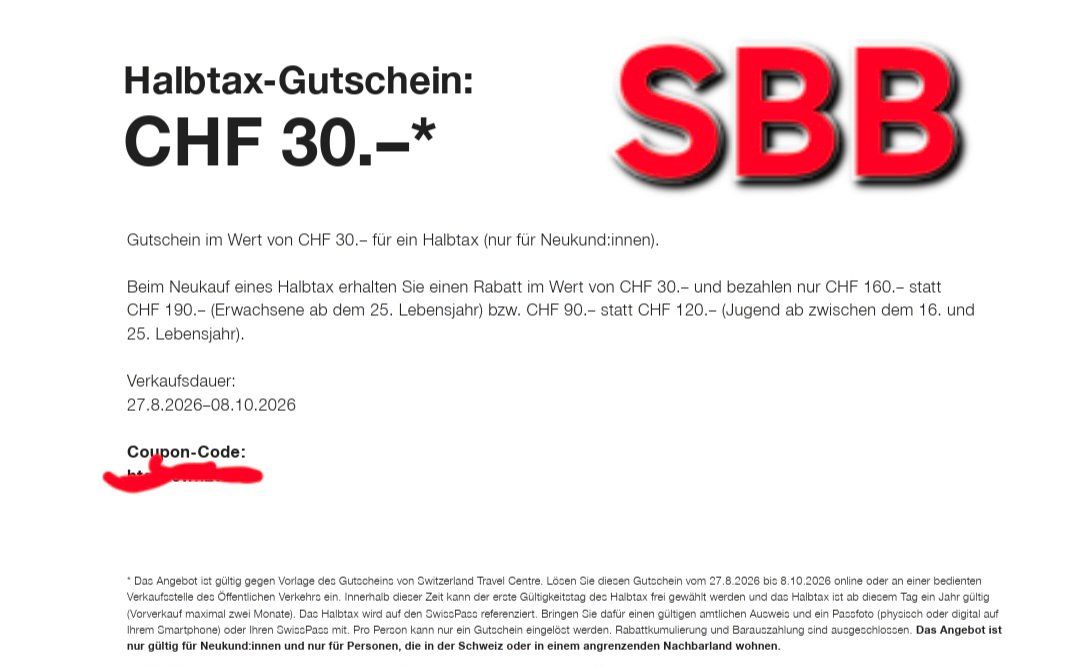 SBB/CFF/FFS Buoni: 30.- Gutschein fürs Halbtax – Nuovo (secondo la descrizione) da Köniz venduto da MusicBoomRoom