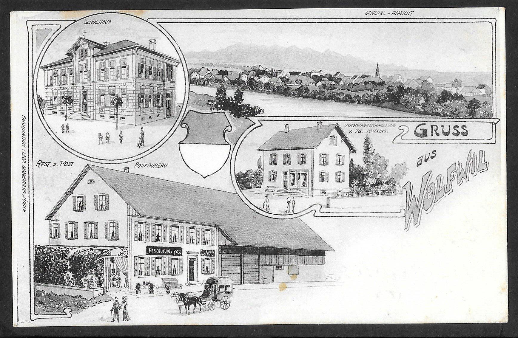 Cartoline postali: Wolfwil 4 Bilder Postbureau Tuchwarenhandlung Lithoähnlich – Usato da Olten venduto da clotaldi