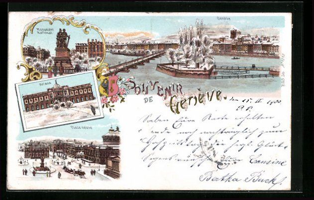 Ansichtskarten: Winter-Lithographie Genève, Monument Na – Gebraucht aus Berlin von bartko-reher