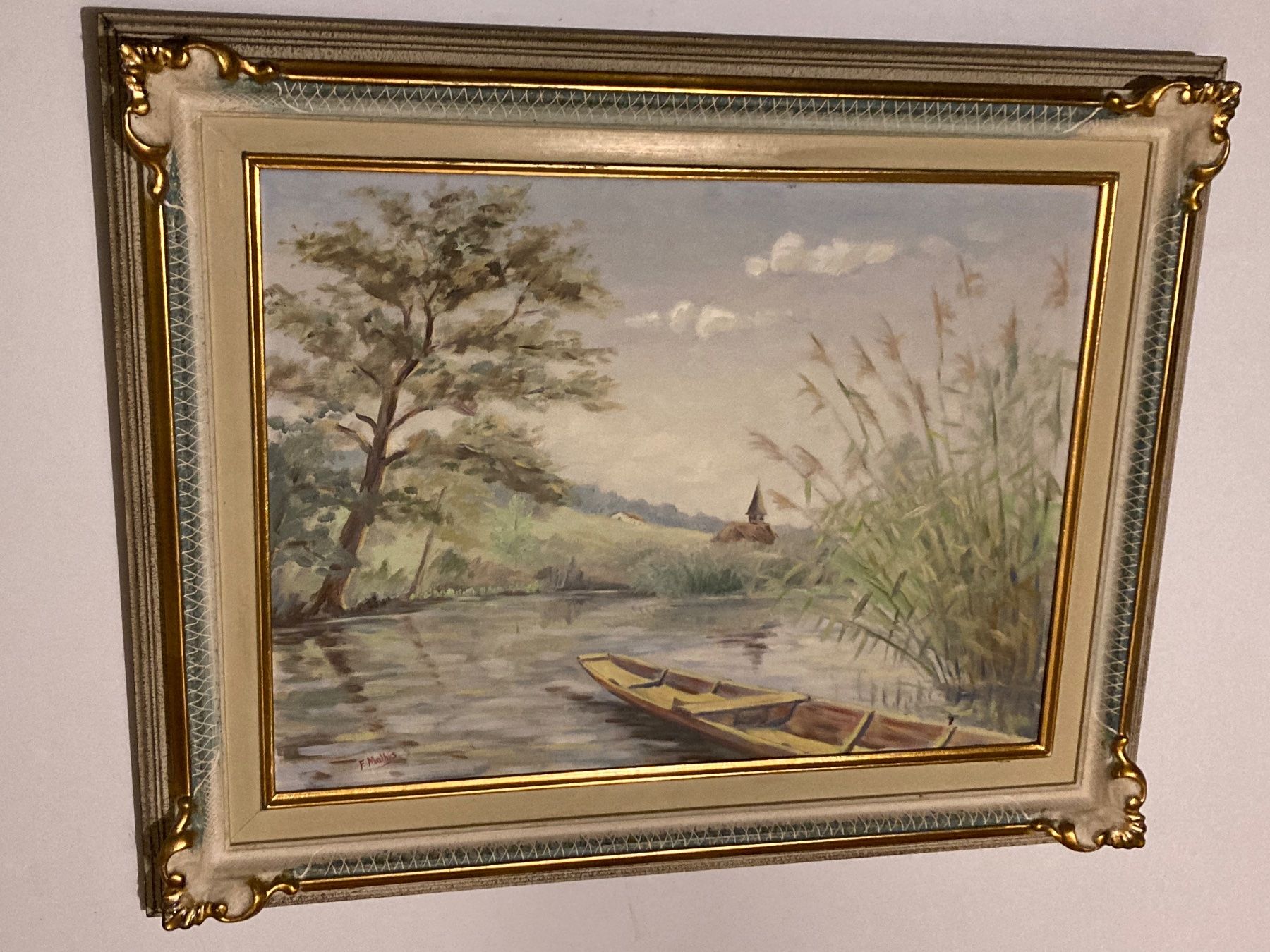 Dipinti: F. Mathys Landschaftsgemälde signiert mit Fluss, Baum, Boot – Usato da Hirzel venduto da pjn_d7xp