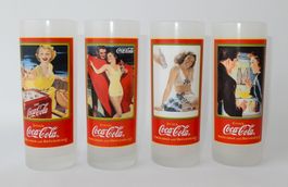 Vintage 4 Stück Coca-Cola Milchglas-Gläser - Pin-Up 1980er