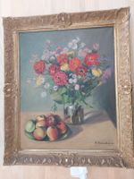 Gemälde Stillleben Blumen und Früchte, H. Oeschger Signiert