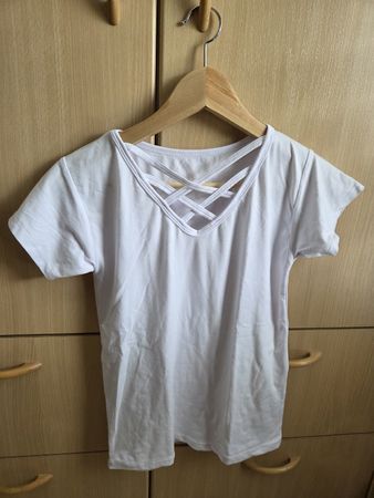 White T-Shirt Women's Size S criss-cross neckline