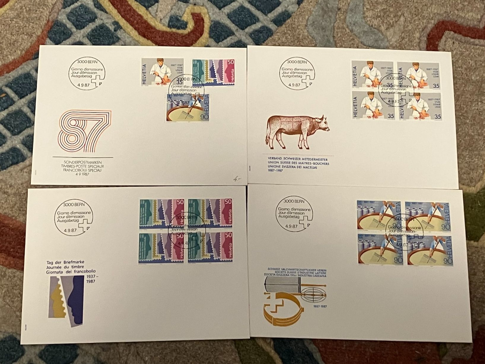 Tutti i francobolli: 4 CH  FDC Satz und Viererblock 1987 – Usato da Koblenz venduto da Markenhimmel