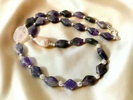Unikat 💎 Neue Amethyst Halskette, Rosenquarz Barockperle