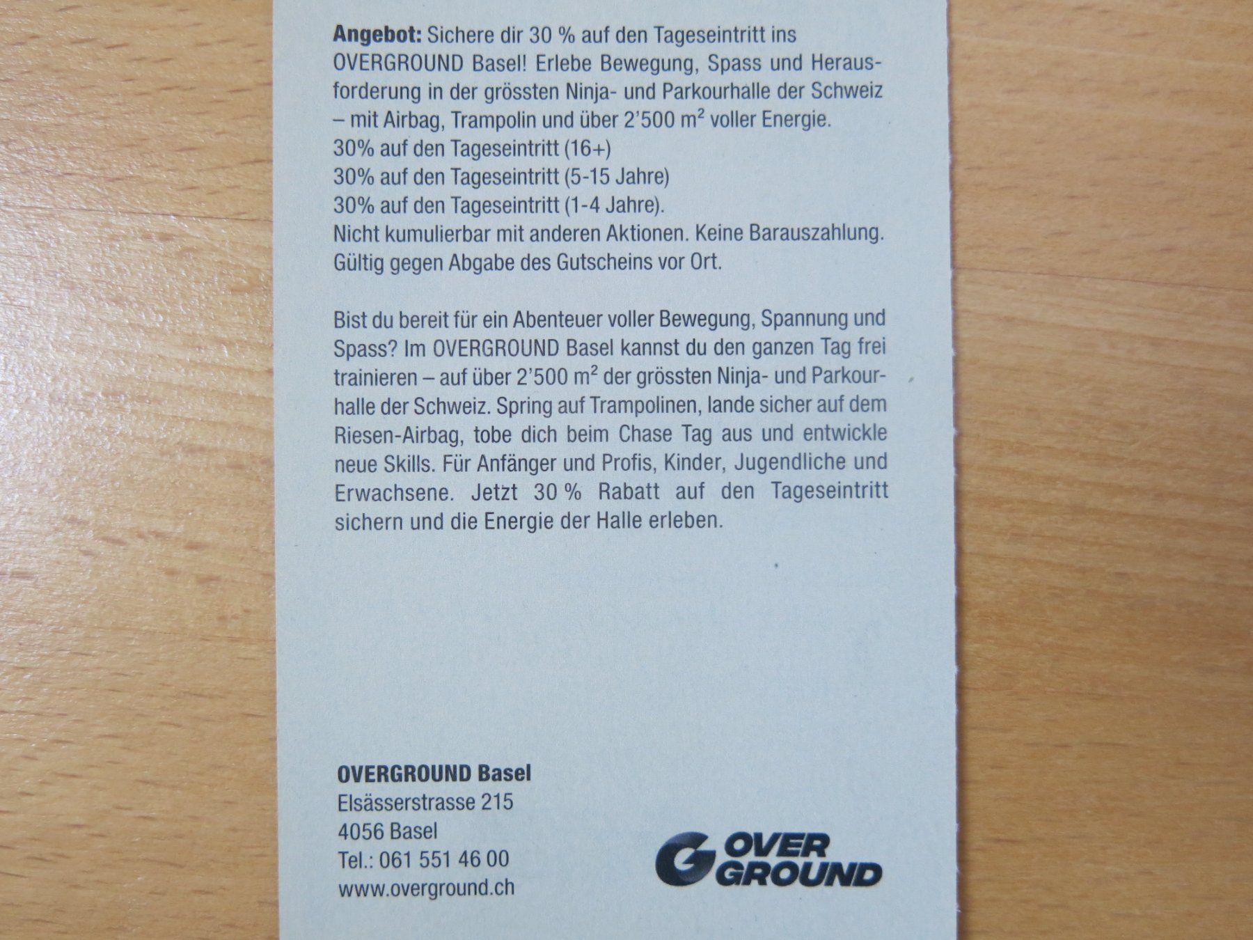 Buoni: OVERGROUND Basel: 30% Rabatt auf Tageseintritt – Nuovo (secondo la descrizione) da Sissach venduto da kaupa 1