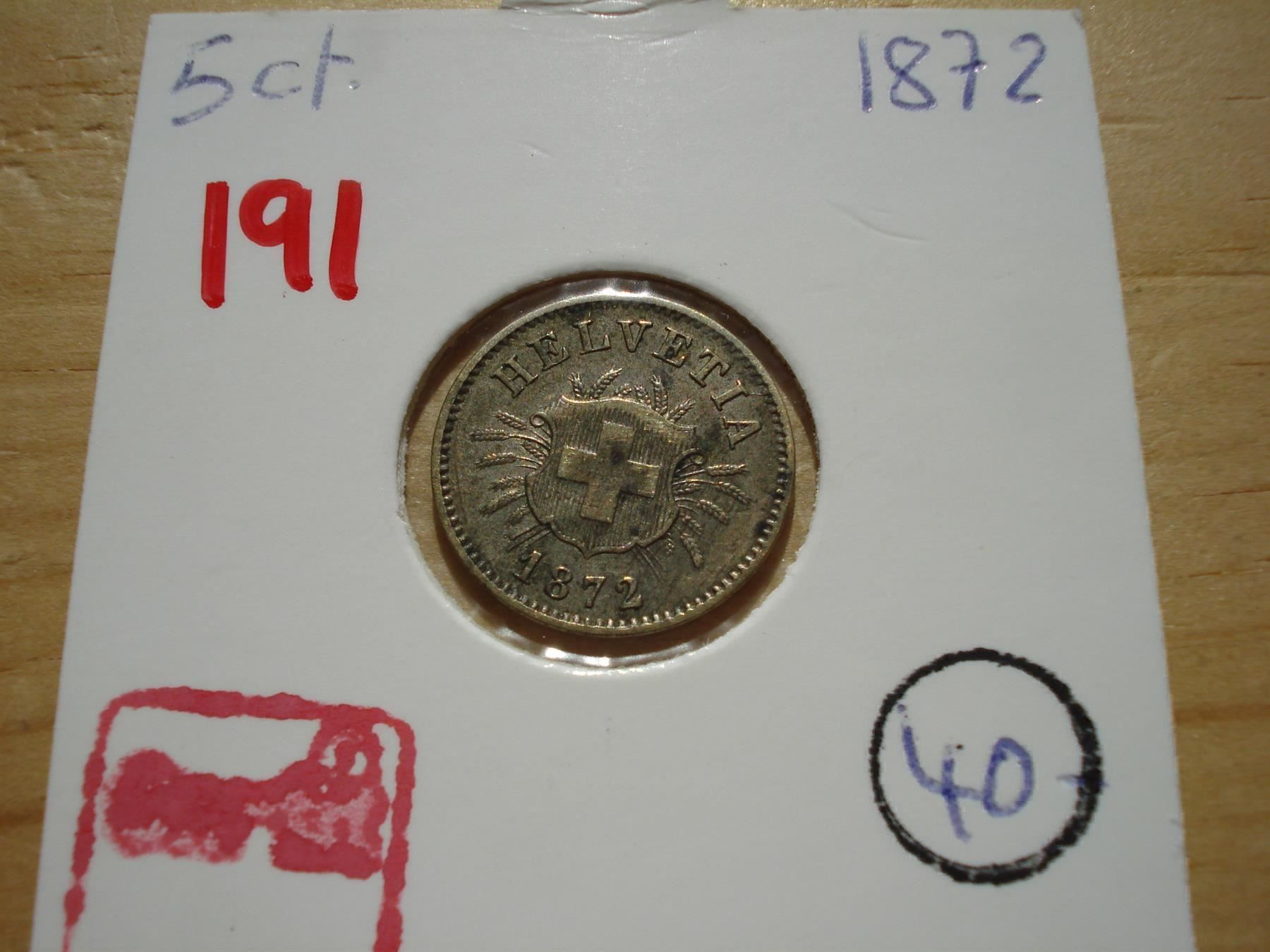 Alle Münzen: (191)  5 Rappen 1872 – Gebraucht aus Erlach von Net-Coins