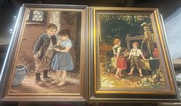 2 Bilder Gobelin Kinder am Brunnen und am Haus gerahmt