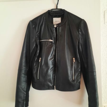 Mango Lederjacke schwarz mit Stoffeinsätzen Grösse 36